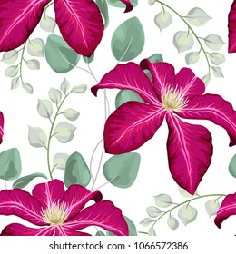 Watercolor baby blue eucalyptus and pink clematis flowers seamless pattern, silver dollar eucalyptus tree foliage, branch, greenery. Decorativebackground in rustic boho style wedding invite, fabric