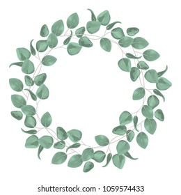 Watercolor Baby Blue Eucalyptus Wreath For Wedding Cards, Silver Dollar Eucalyptus Tree Foliage In Circle, Herbs, Leaves, Branch, Greenery Frame. Decorative Design Elements In Rustic Elegant Style