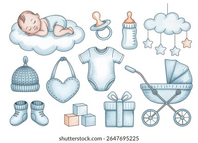 Watercolor baby boy clipart set. Hand drawn newborn elements for nursery and baby shower design, vector illustration isolated on white background.