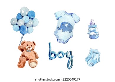 Watercolor baby boy elements collection