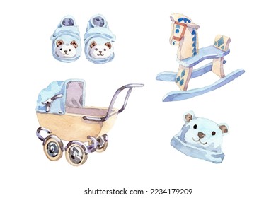 Watercolor baby boy elements collection