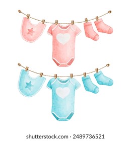 Watercolor baby boy and girl clothes on the clothesline for baby shower decoration vector