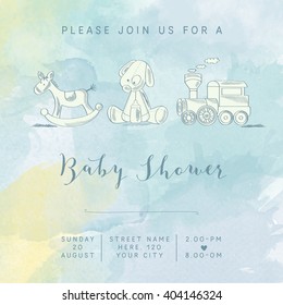 watercolor baby boy shower card with retro toys, vector illustration