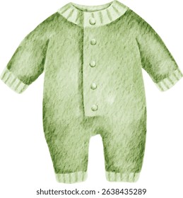 Watercolor Baby Clothes Clipart. Green Jumpsuit with Buttons and Cuffs.