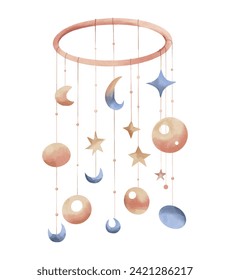 Watercolor baby crib mobile. Mobile with stars vector illustration. Watercolor toys. 