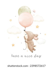 Watercolor baby deer with balloon For nursery kids Birthday party boy Print for invitation card Poster Template