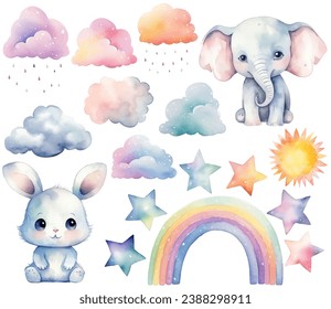 Watercolor baby elephant, bunny. Set of vector hand drawn nursery elements, clouds, rainbow, stars, wall stickers. Pastel colors