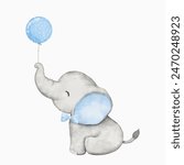 Watercolor baby elephant holding balloon. African baby animal for baby shower boy, nursery decorations, birthday invitations vector