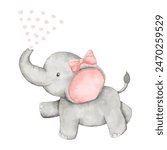 Watercolor baby elephant jumping and spitting the hearts into the sky. African baby animal for baby shower girl, nursery decorations, birthday invitations vector