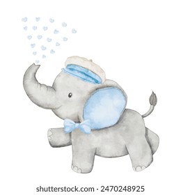 Watercolor baby elephant jumping and spitting the hearts into the sky. African baby animal for baby shower boy, nursery decorations, birthday invitations vector