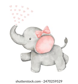 Watercolor baby elephant jumping and spitting the hearts into the sky. African baby animal for baby shower girl, nursery decorations, birthday invitations vector