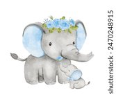 Watercolor baby elephant sending a rose to mom. African baby animal for baby shower boy, nursery decorations, Mother s day invitations vector