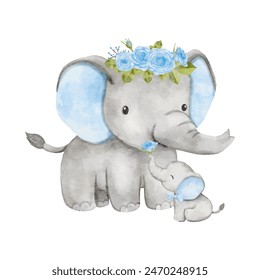 Watercolor baby elephant sending a rose to mom. African baby animal for baby shower boy, nursery decorations, Mother s day invitations vector