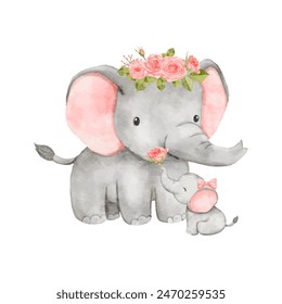 Watercolor baby elephant sending a rose to mom. African baby animal for baby shower girl, nursery decorations, Mother s day invitations vector