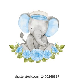 Watercolor baby elephant sitting in flowers wreath. African baby animal for baby shower boy, nursery decorations, birthday invitations vector