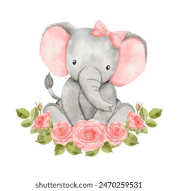 Watercolor baby elephant sitting in flowers wreath. African baby animal for baby shower girl, nursery decorations, birthday invitations vector