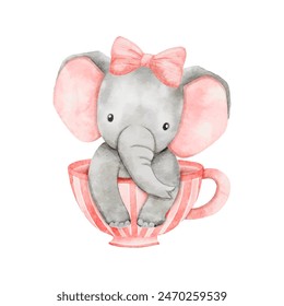 Watercolor baby elephant sitting in tea cup. African baby animal for baby shower girl, nursery decorations, birthday invitations vector