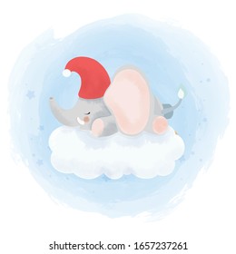 Watercolor baby elephant sleeping on a flyffy cloud. Happy birthday invitation and baby shower poster design