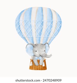 Watercolor baby elephant standing in hot air balloons and wearing a bow tie. African baby animal for baby shower boy, nursery decorations, birthday invitations vector