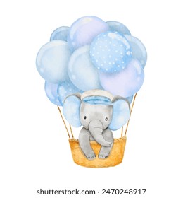 Watercolor baby elephant standing in hot air balloons. African baby animal for baby shower boy, nursery decorations, birthday invitations vector