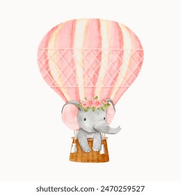 Acuarela bebé elefante de pie en globos de aire caliente y con una corona de flores. Animal bebé africano para la niña de la ducha del bebé, decoraciones de la guardería, invitaciones de cumpleaños Vector