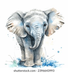 Watercolor Baby Elephant vector illustration. Adorable watercolor painting of a baby elephant is perfect for any animal lover or nursery decor. The elephant is depicted standing on a white background.