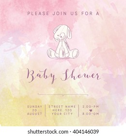 watercolor baby girl shower card with retro toy, vector illustration