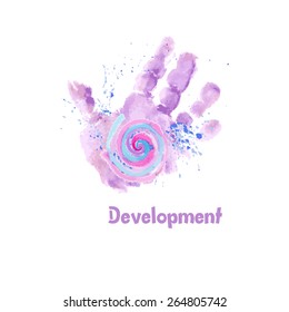 Watercolor Baby Hand print, Water Splash & Spiral Symbol Logo vector design template. Elegant concept for Art Lab or School, Drawing & Painting courses. Imagination & Development creative symbol.