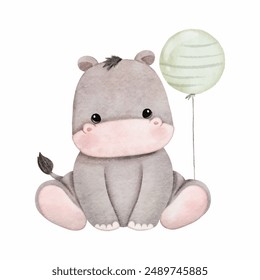 Watercolor baby Hippopotamus sitting and green balloon. Safari baby animal for wall art, nursery decorations, birthday invitations vector