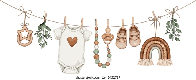 Watercolor baby illustration with clothing and accessories hanging on a clothesline. Onesie, shoes, rattle, pacifier and leaves. Drawing of childish garland for baby shower or newborn invitations.