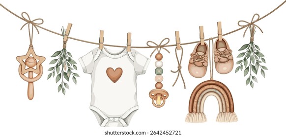 Watercolor baby illustration with clothing and accessories hanging on a clothesline. Onesie, shoes, rattle, pacifier and leaves. Drawing of childish garland for baby shower or newborn invitations.