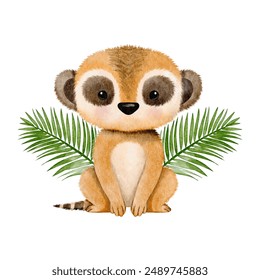 Watercolor baby meerkat sitting in leaf wreath. Safari baby animal for wall art, nursery decorations, birthday invitations vector