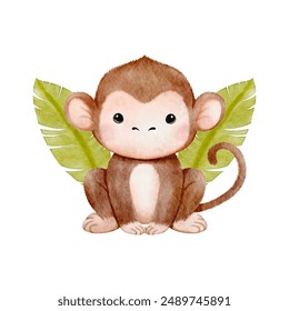 Watercolor baby Monkey sitting in leaf wreath. Safari baby animal for wall art, nursery decorations, birthday invitations vector