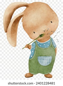 Watercolor Baby Rabbit con flor, Conejo de Pascua que sopla la flor Dandelion Spring, ilustración vectorial dibujada a mano lindo personaje de dibujos animados elemento animal para la tarjeta de Pascua, primavera, verano fondo