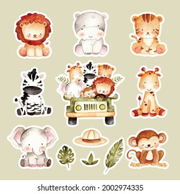 Watercolor baby safari animal sticker set