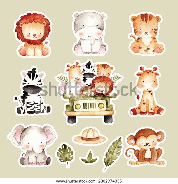 Watercolor baby safari\
animal sticker set