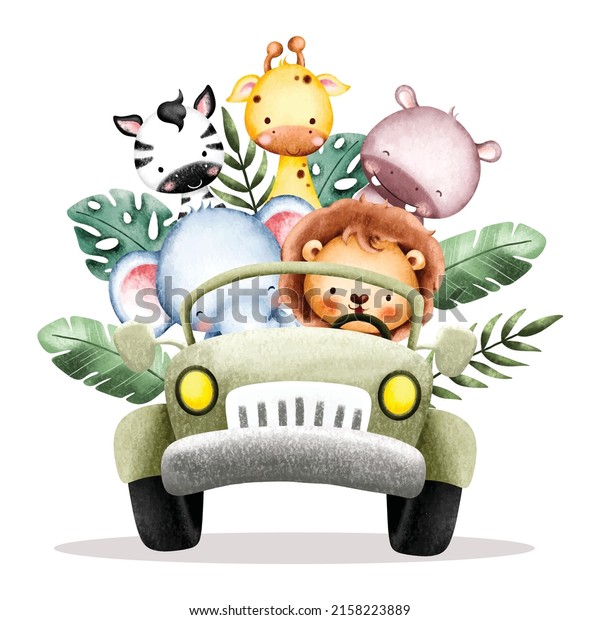 Watercolor Baby safari\
animals  in jeep