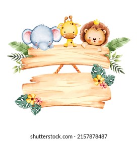 Watercolor Baby Safari Animals And Wooden Board With Tropical Leaves