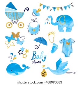 Watercolor Baby Shower boy set. Collection of vector design elements.