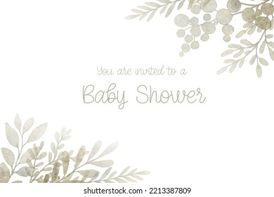 Watercolor baby shower card with green flowers frame. Isolated on white background. Hand drawn clipart. Perfect for card, postcard, tag, invitation, printing, wrapping