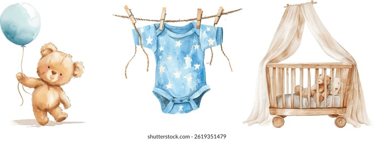 Watercolor Baby Shower Elements: Teddy bear holding a balloon, baby onesie, baby crib with canopy

