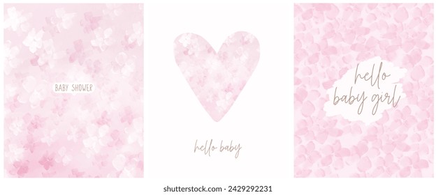 Watercolor Baby Shower Prints. Hello Baby Girl. Cute Vector Card with Light Pink Floral Heart. Sweet Floral Backgrounds. Trendy Art for Baby Girl Welcome Party. Lovely Girly Illustration. RGB. 