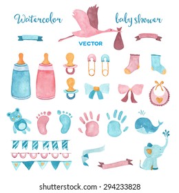 Watercolor Baby Shower Vector Set Of Design Elements.