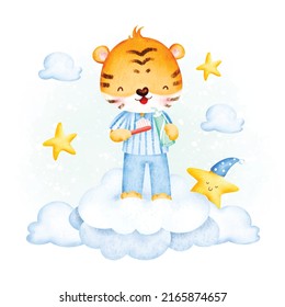 Watercolor baby tiger bedtime wearing pajama and holding tooth brush 