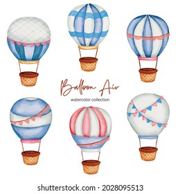 Watercolor Baby toy and accessories illustration. Baby stuffs set of Set of hot air balloons it soft, sterile, chemical-free, using natural fibers in production. safe for children.