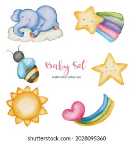 Watercolor Baby toy and accessories. Baby stuffs set of Nature elephant, bee, star, heart, sun, meteor, soft, sterile, chemical-free, using natural fibers in production. safe for children.