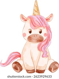 Watercolor Baby Unicorn. Cute pony with golden horn, suited for baby shower project, sticker, and decoration.