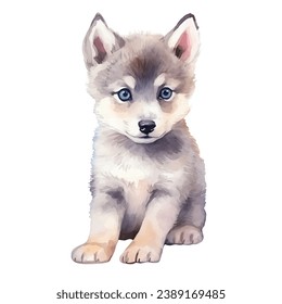 Watercolor baby wolf. Vector illustration with hand drawn wolf. Clip art image.