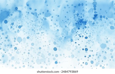 A watercolor backdrop in blue hues adorned with numerous blue dots. Abstract watercolor vector artwork features a backdrop of vibrant blue and turquoise dots. The loose brushstrokes and washes