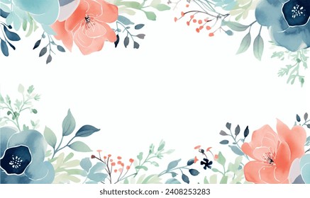 watercolor backgroud, frame of flowers, pastel colors, for design, blue, pink, leaves, white